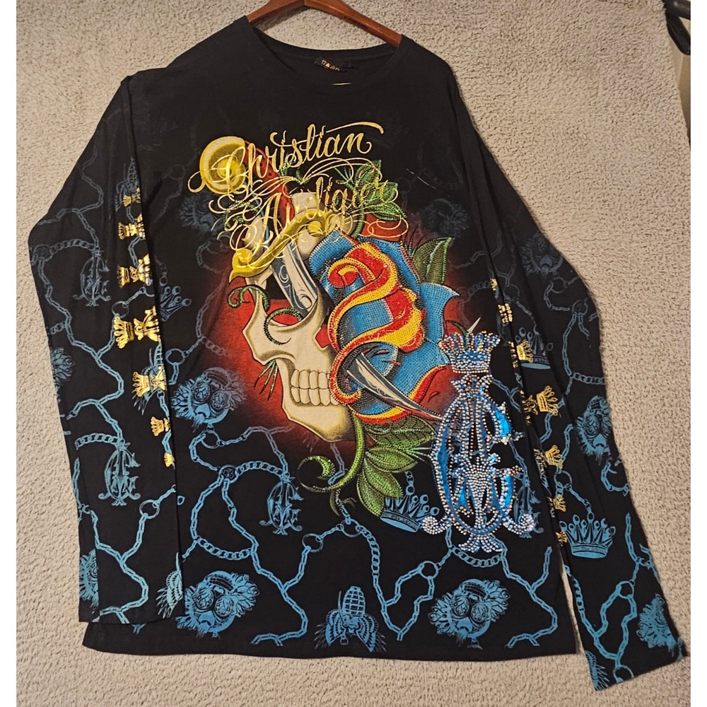 Christian Audigier Mens XXL Long Sleeve Shirt Skull Rose Rhinestone Black Blue